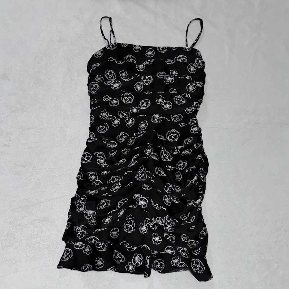 Lush Black Floral Print Ruched Bodycon Mini Dress Party Cocktail Sz S Zip - Picture 1 of 10